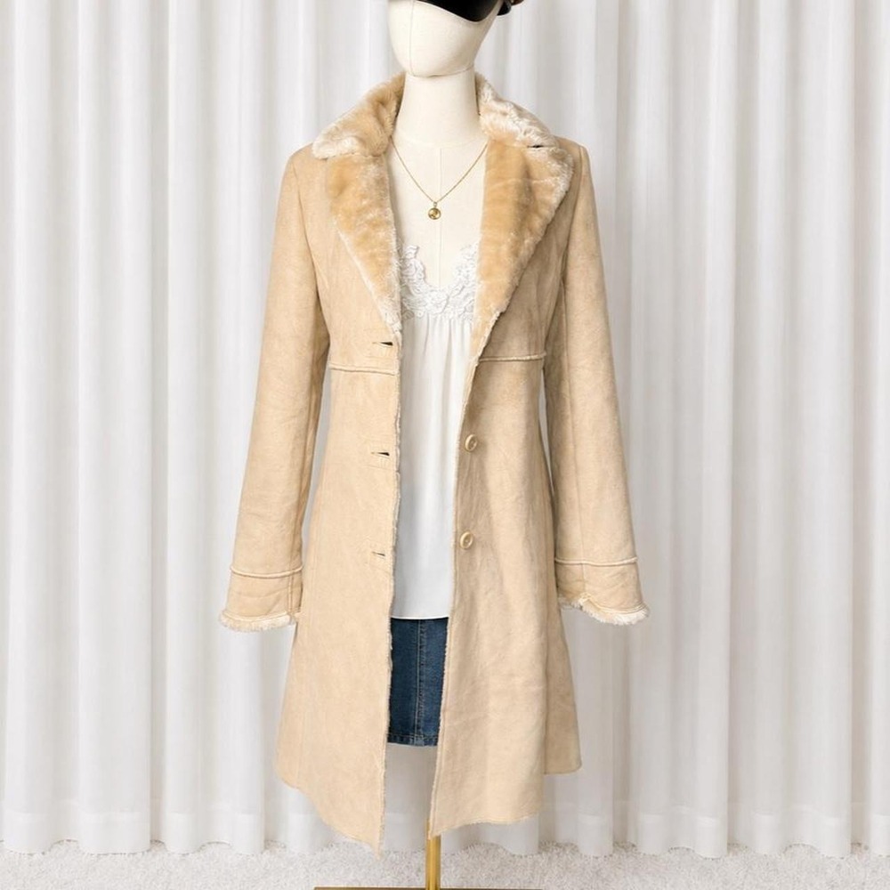 Vintage Y2K Larry Levine Sport Faux Suede Fur Trim Long Coat